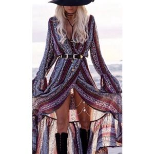 Bohemian style, Split Maxi Wrap Dress with ties